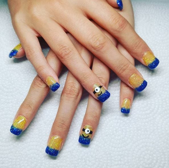 glitter minion nail art