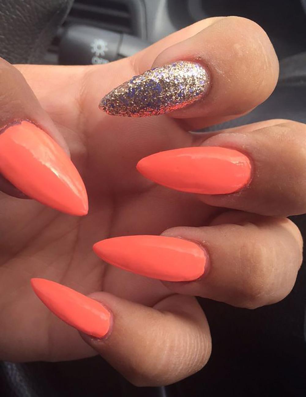 Orange long stiletto nails