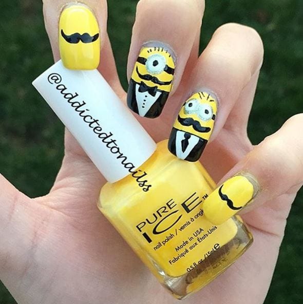 minion moustache and suit nail design