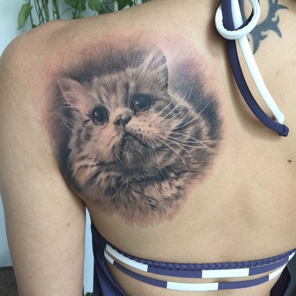 Cute Cat and Flower back Tattoo
