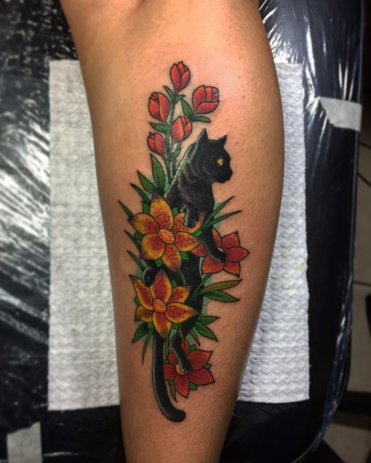 cat and flower tattoo