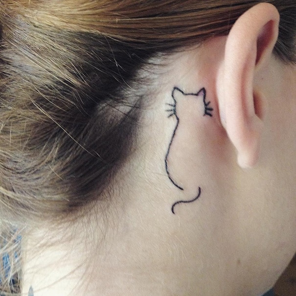 Simple Cat Outline back ear tattoo