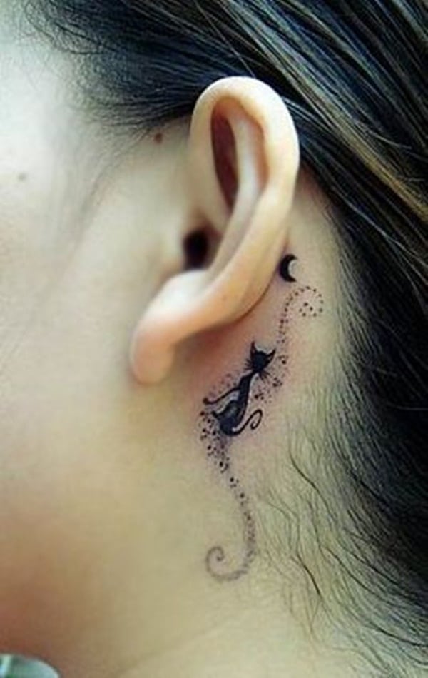 Black Cat Tattoo Behind Ear