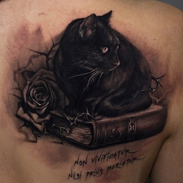 Cat sit on the book tattoo