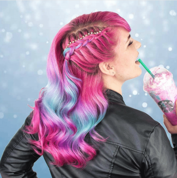 Long hair style with braid, Pink+Blue color