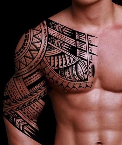 tribal tattoo chest to arm cover up
