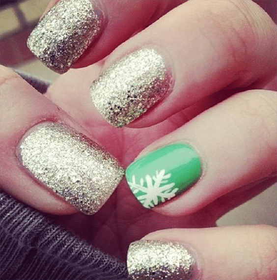 Green and Silver themed Christmas nail art