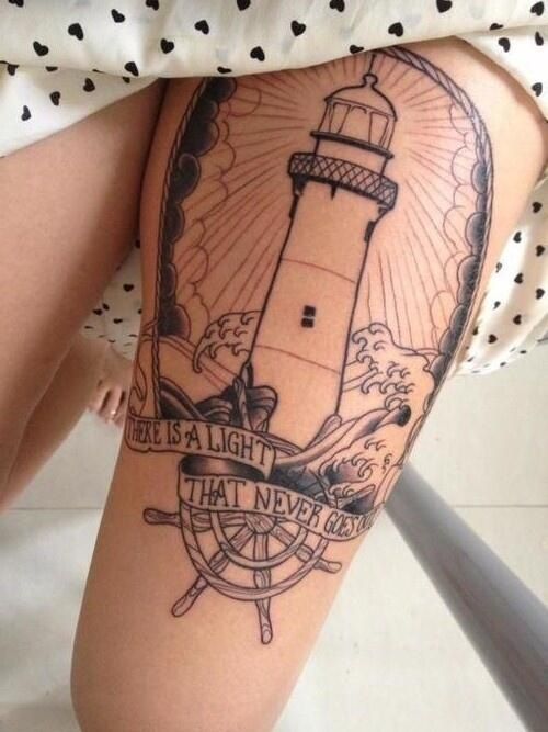 Lighthouse Thigh Sleeve Tattoo