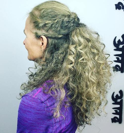 Long Hairstyles for Older Women Twisted Half Updo with Curls