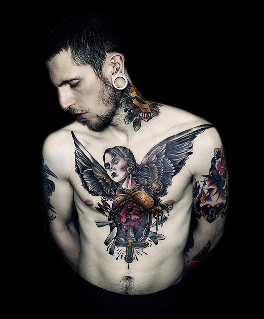 Chest Tattoos For Men - Guardian angle tattoo design