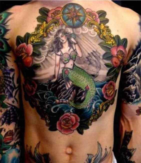 Chest tattoos for men, Mermaid and flower design