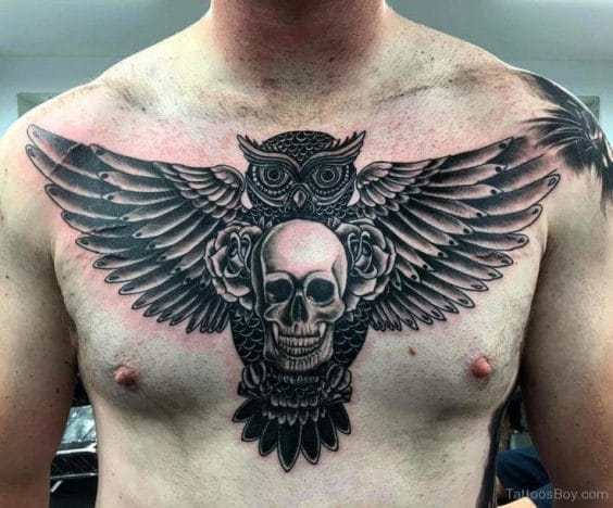 chest tattoos for men - Owl Design