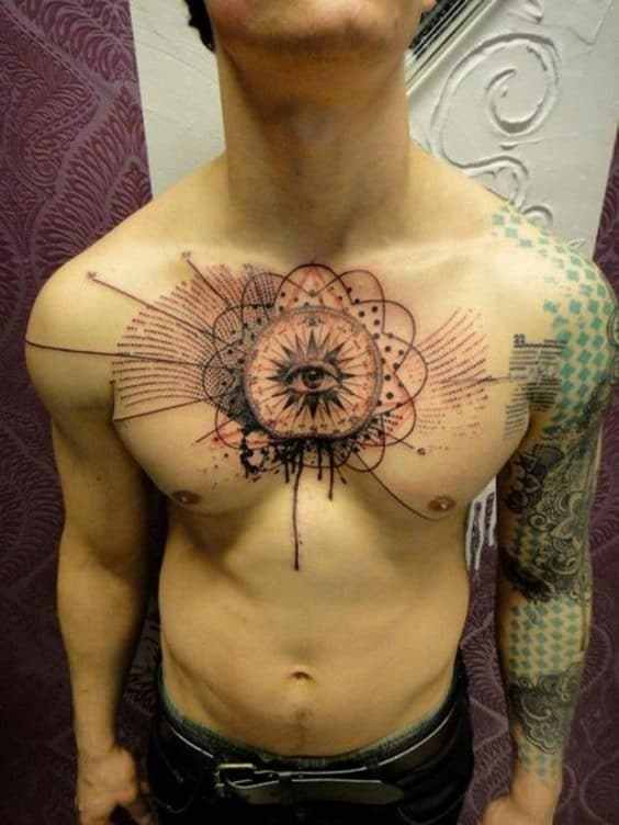 The eye of evil and a mandala chest tattoos idea for men