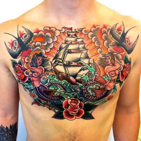 chest tattoos for men - Old school tattoo of sailors