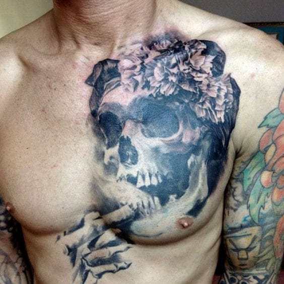 half chest skull tattoo 
