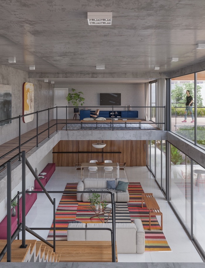 Contemporary Double Height Living Room with large window