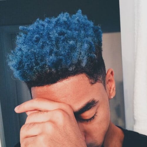 Blue black men's haircut curly hair