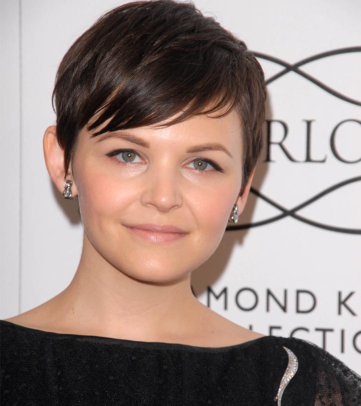 Dark Brown pixie cut with side swept bang