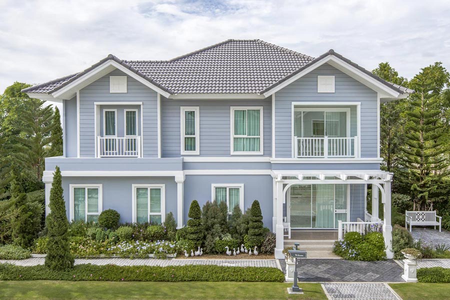 blue house with white trim