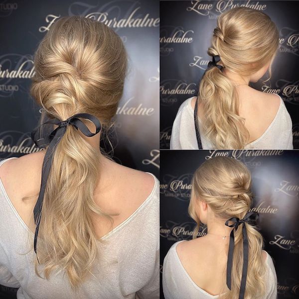 blond ponytail thin hair with black ribbon