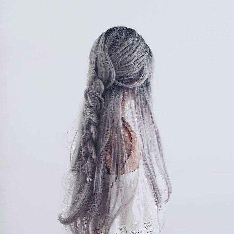 French Braid Half Pigtails With Gray Highlights
