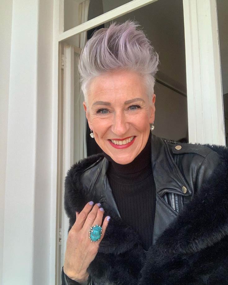 Old woman with Spiky short hair, lilac hair color