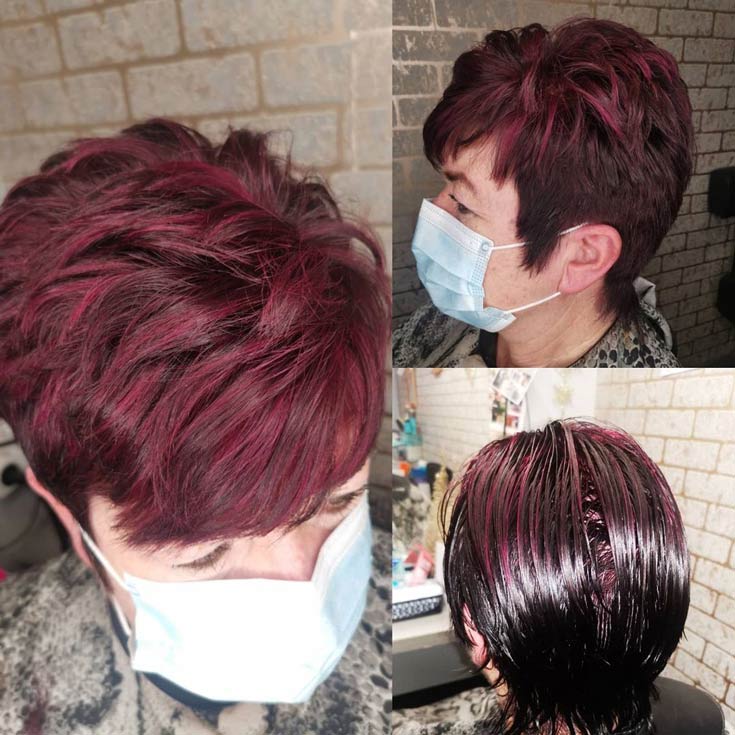 Older woman and Shiny Magenta short hair