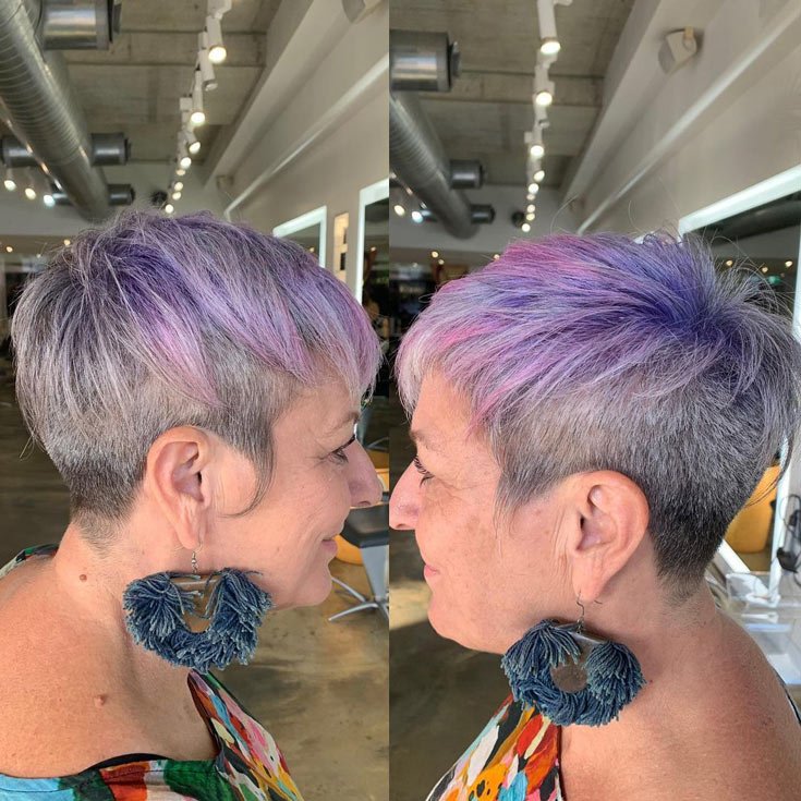 woman over 60 unicorn hair with Colorful Pixie Cut