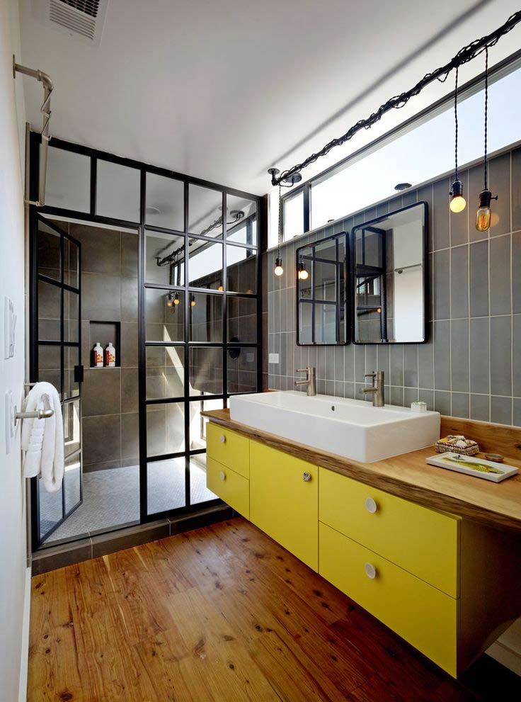 small bathroom idea - Wooden floor and yellow cabinet