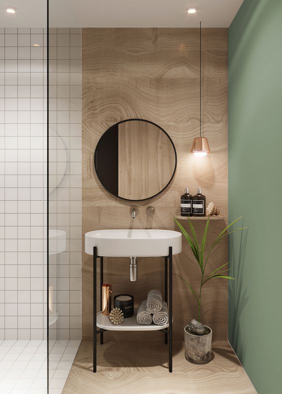 Minimalist bathroom with green wall