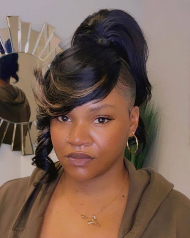 High Ponytail with feathered bangs