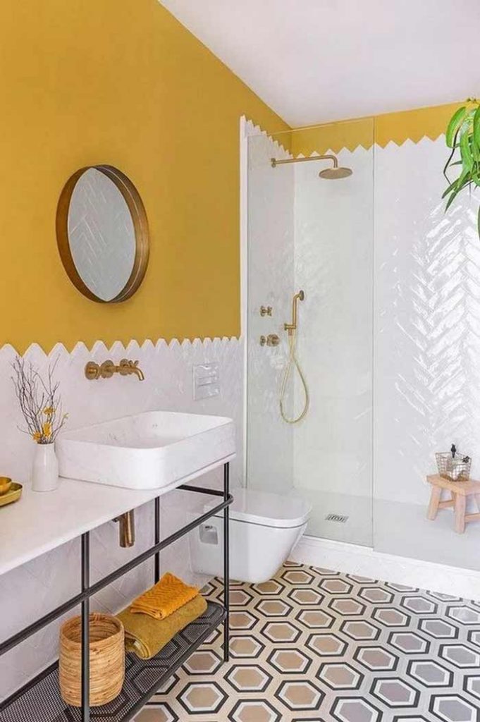 small bathroom with yellow, white color and pattern floor