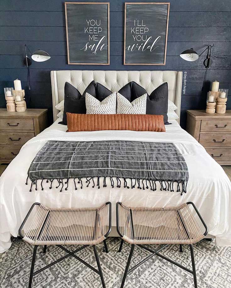 Modern Farmhouse Bedroom With Exposed Wooden Wall