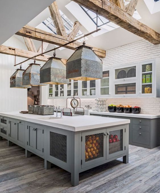 Kitchen with white brick wall and Island