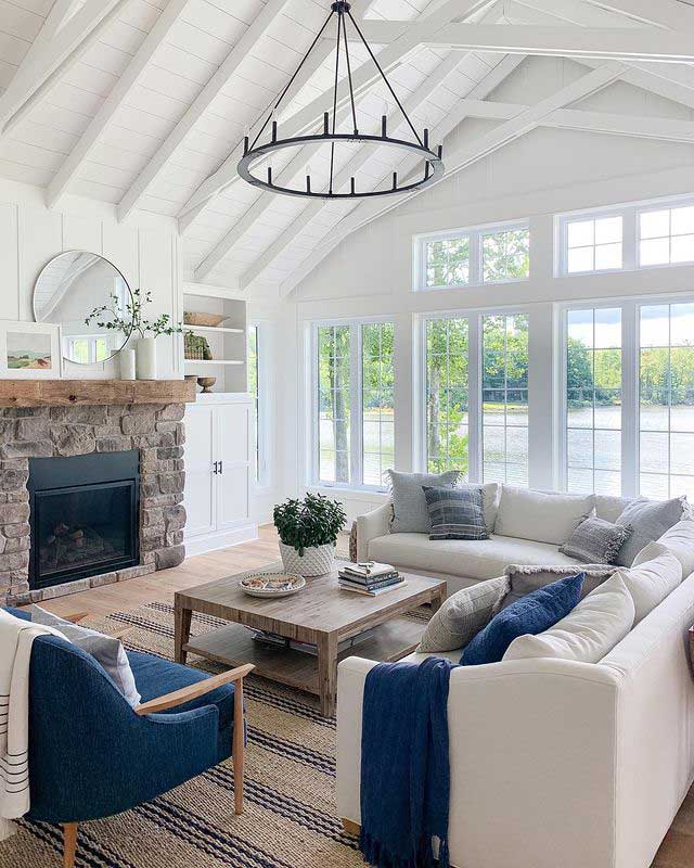 Modern farmhouse living room mantle brick fireplace