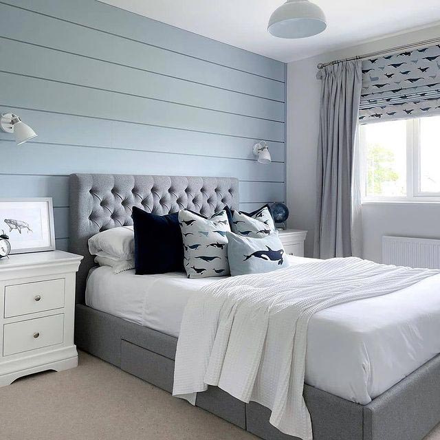 Horizontal Blue bedroom with shiplap