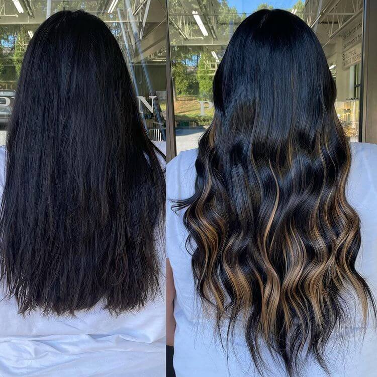 Black Hair with Caramel Highlights