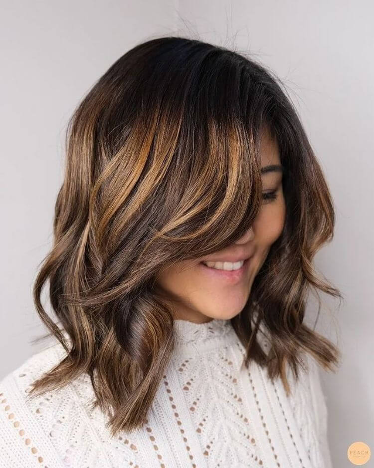 Black Wavy Hair with Caramel Light Brown Highlights