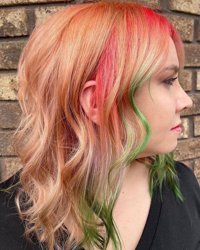 Blonde Hair with Red and Green Highlights