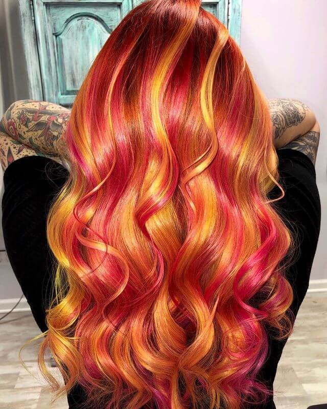 fire red red hair with blonde highlights