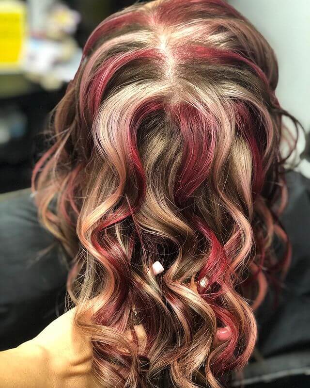 red and blonde highlights for dark brown hair