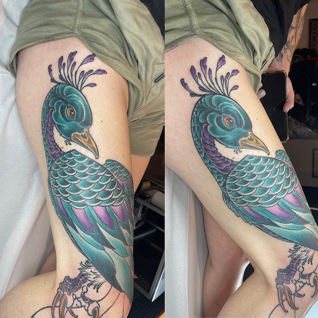 Peacock Thigh Tattoos for Women
