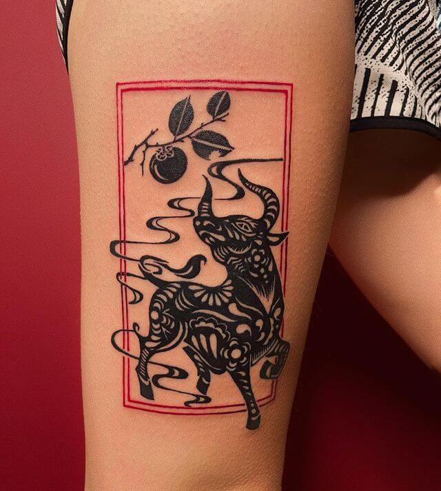 chinese bull thigh tattoo ides for women