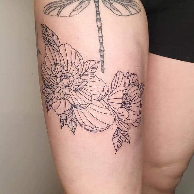 Peony Linework Thigh Tattoo