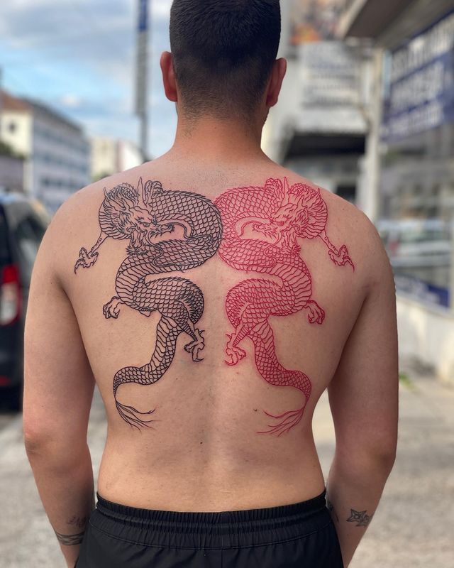 Black and Red Dragon Tattoo On Back