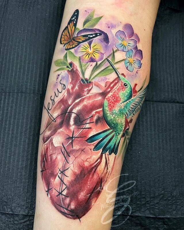 Purple Rose, Bird and Broken Heart Tattoo
