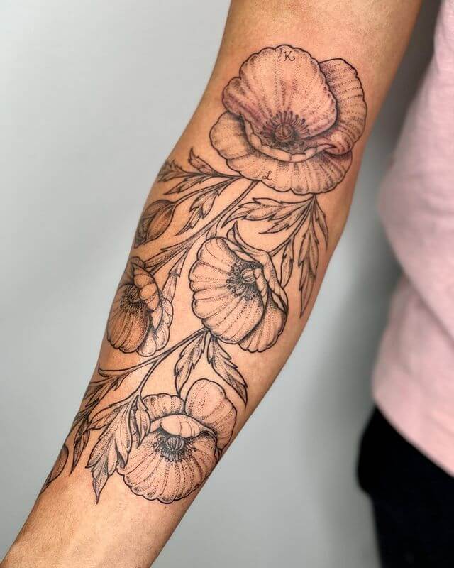 Black And Gray Poppy flower Tattoo Design