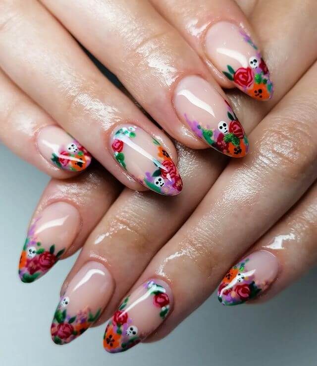 skull and flower nails design
