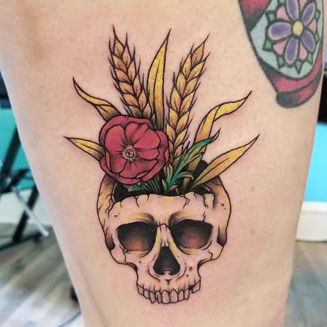 Poppy and Skull Tattoo Design on Thigh