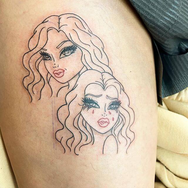 Smiling and Crying Two Women Faces Tattoo